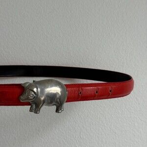 Vintage Red Genuine Top Leather Belt Silver Colored Pig Shaped Buckle Men Rodeo